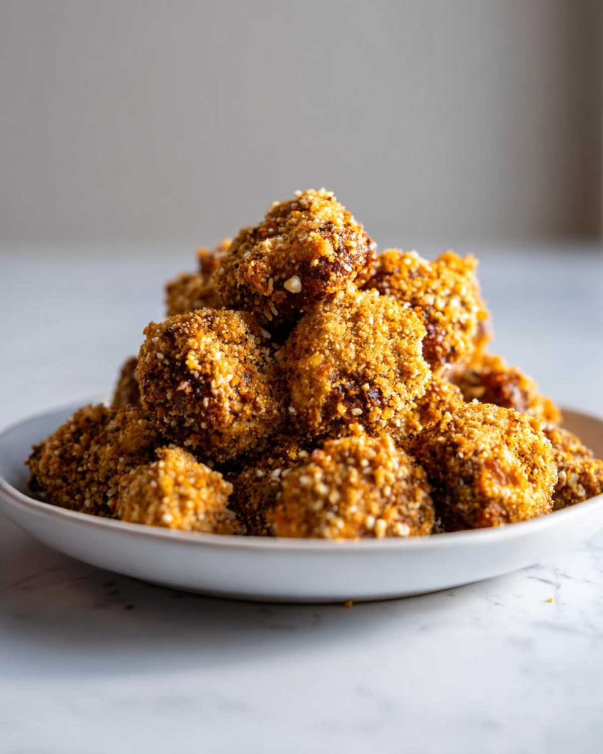 A mound of golden brown, heavily coated Crunchy Air Fryer Ranch Chickpeas piled high in a shallow white bowl.
