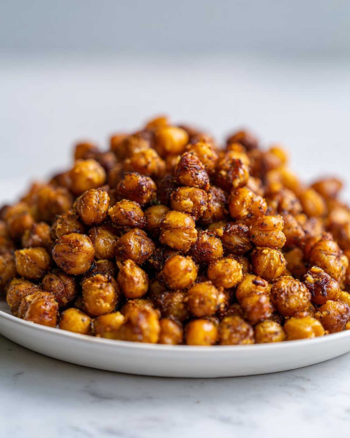 A close-up of a mound of Crunchy Air Fryer Ranch Chickpeas seasoned and golden brown on a white plate.