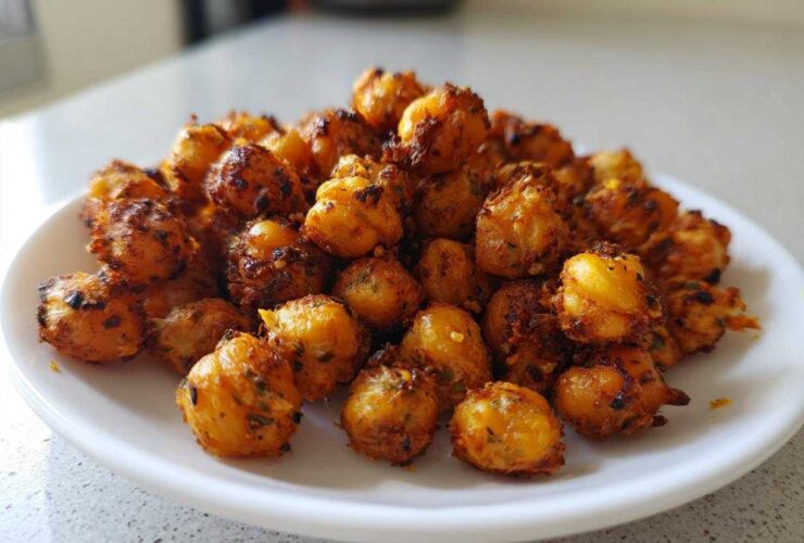 A close-up of a white plate piled high with golden brown, seasoned Crunchy Air Fryer Ranch Chickpeas.