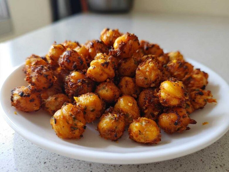 A close-up of a white plate piled high with golden brown, seasoned Crunchy Air Fryer Ranch Chickpeas.
