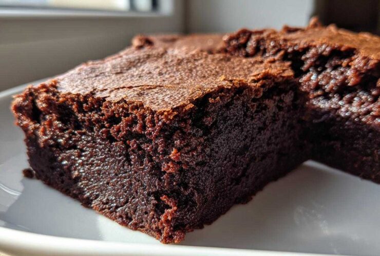 Close-up of a rich, fudgy square of Dark Chocolate Tahini Brownies with a crackly top.