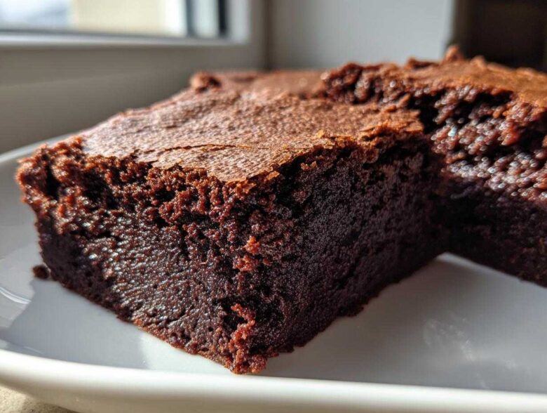 Close-up of a rich, fudgy square of Dark Chocolate Tahini Brownies with a crackly top.