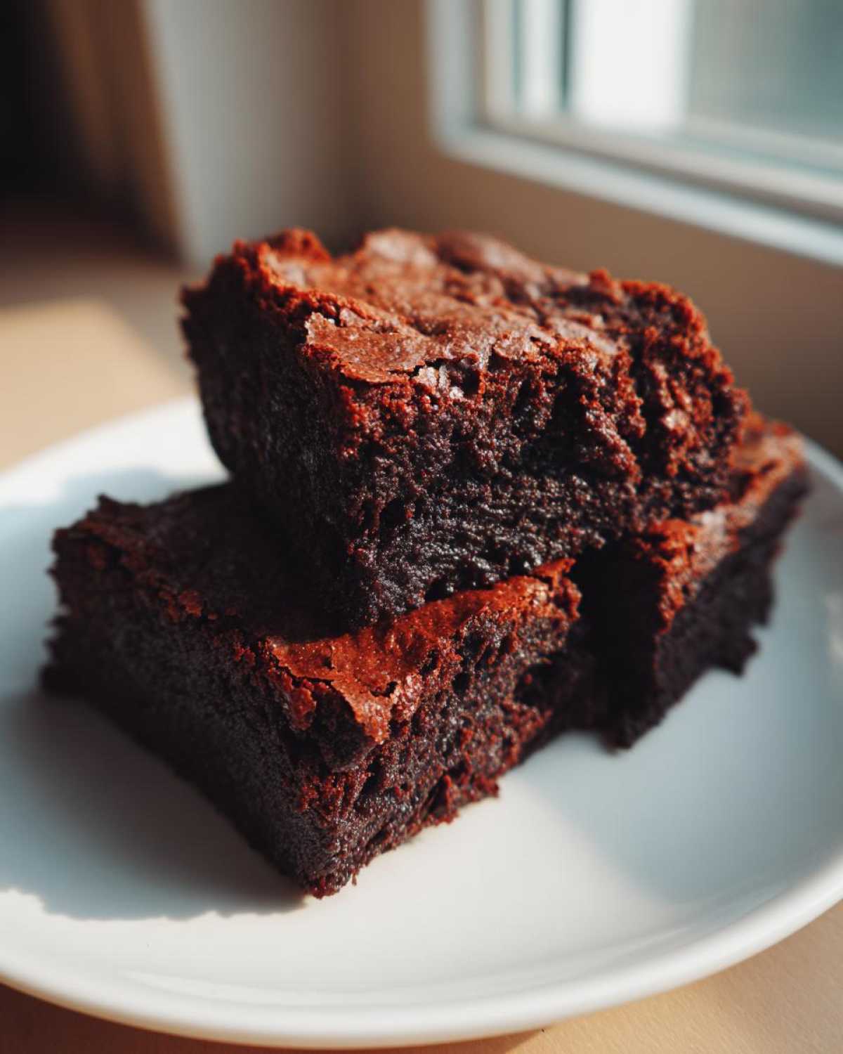 Two rich, fudgy Dark Chocolate Tahini Brownies stacked on a white plate near a window.
