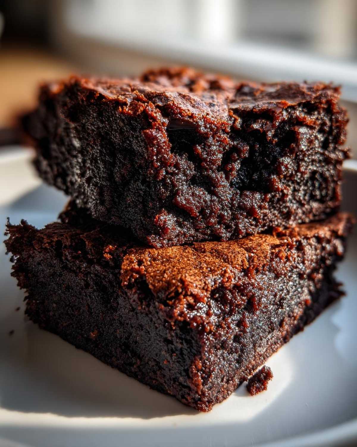 Close-up of two rich, fudgy Dark Chocolate Tahini Brownies stacked on a white plate, showing a shiny, cracked top.
