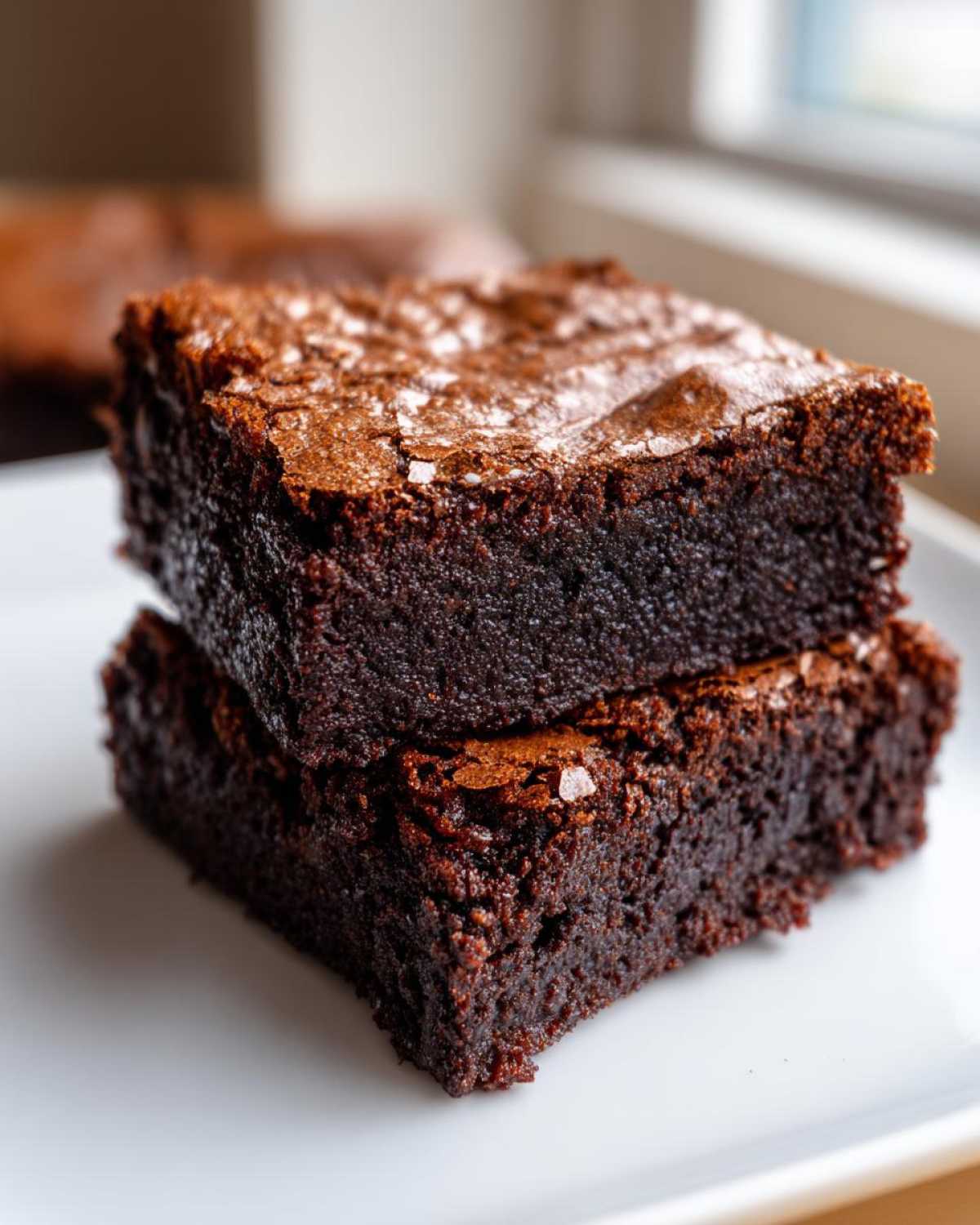 Two rich, fudgy Dark Chocolate Tahini Brownies stacked on a white plate, showing a crackly top.