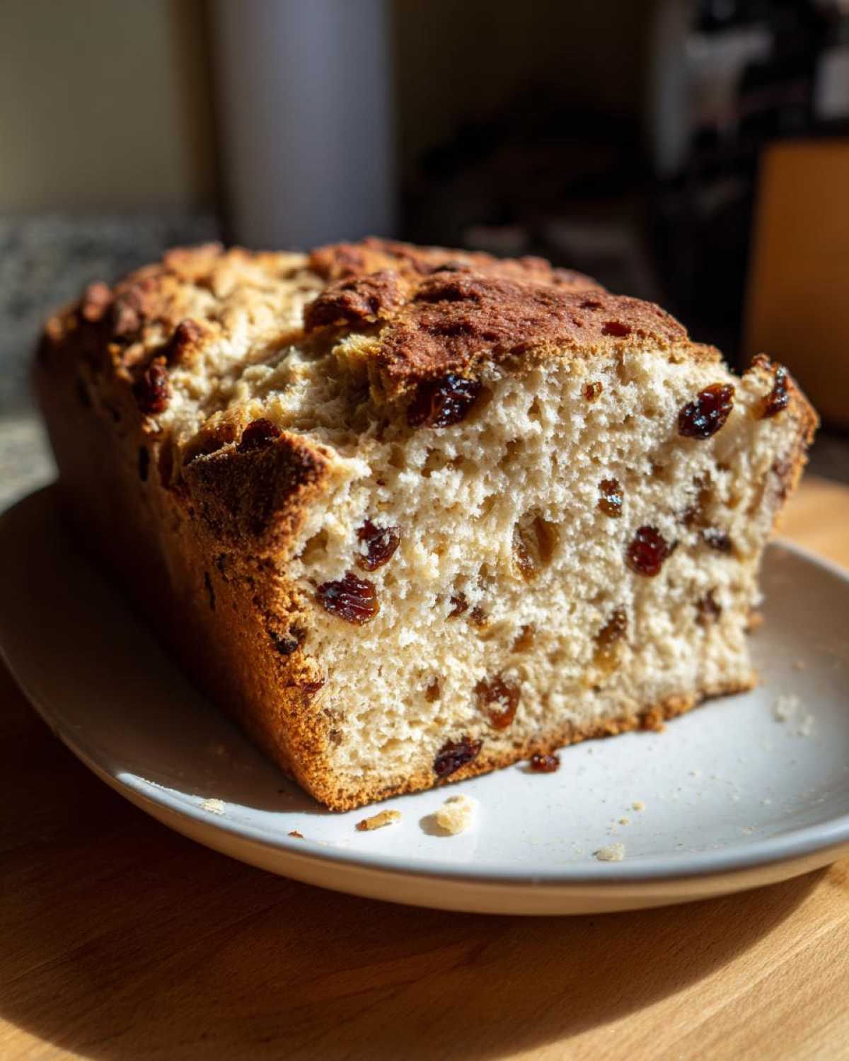 Close-up of a thick slice of Easy Irish Soda Bread with Buttermilk and Raisins showing its crumb texture.