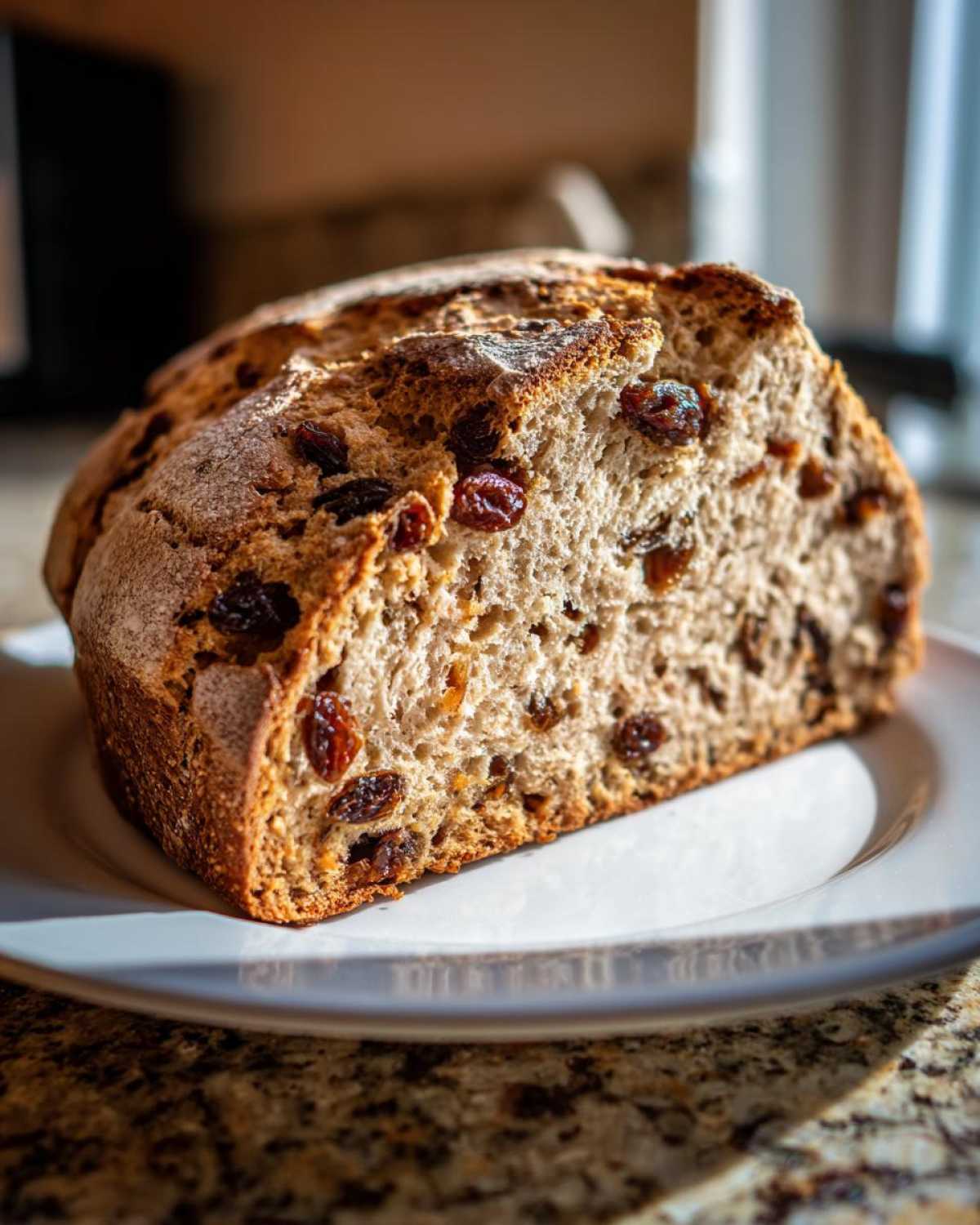 Close-up of a thick slice of Easy Irish Soda Bread with Buttermilk and Raisins showing a dense crumb and dark raisins.