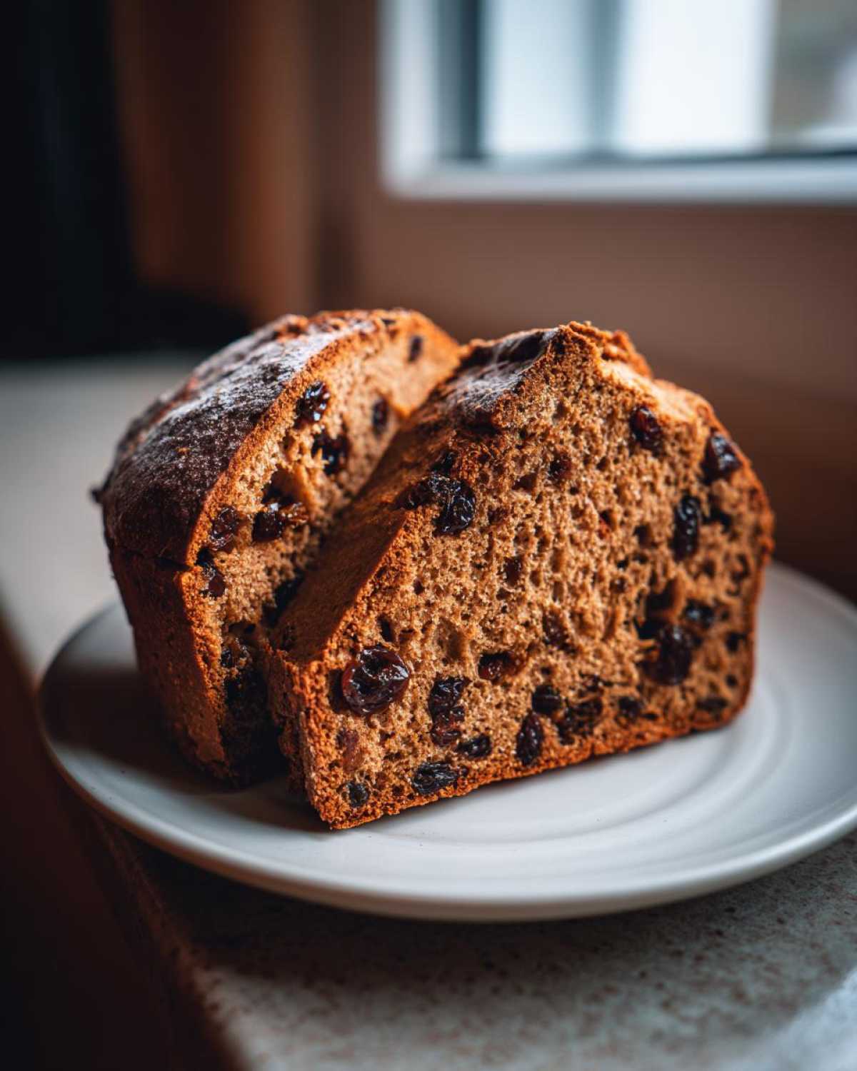 Two thick slices of Easy Irish Soda Bread with Buttermilk and Raisins showing a dense crumb and dark raisins.