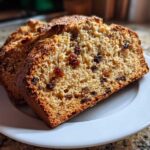 Close-up of two thick slices of Easy Irish Soda Bread with Buttermilk and Raisins on a white plate.