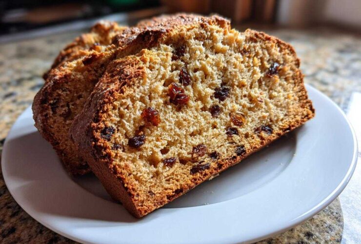 Close-up of two thick slices of Easy Irish Soda Bread with Buttermilk and Raisins on a white plate.