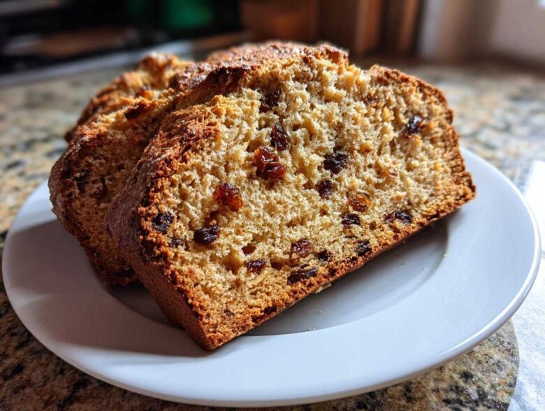 Close-up of two thick slices of Easy Irish Soda Bread with Buttermilk and Raisins on a white plate.