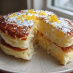 A stack of two fluffy Gluten-Free Buttermilk Pancakes, cut open to show the texture, dusted with powdered sugar and lemon zest.
