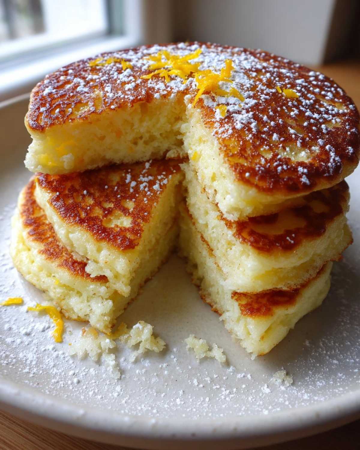 A stack of fluffy Gluten-Free Buttermilk Pancakes cut open, dusted with powdered sugar and orange zest.