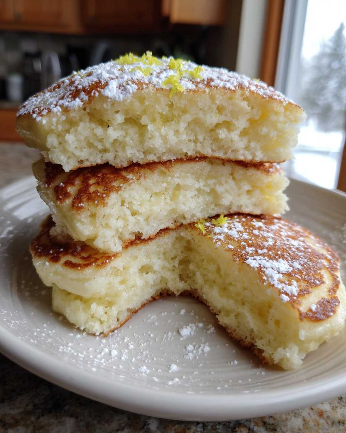 Cross-section view showing the fluffy interior of three stacked Gluten-Free Buttermilk Pancakes topped with powdered sugar and lemon zest.