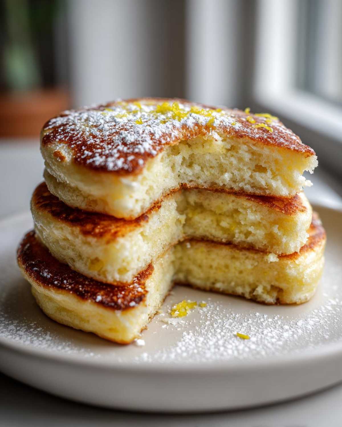 Close-up of a stack of fluffy Gluten-Free Buttermilk Pancakes dusted with powdered sugar and lemon zest.
