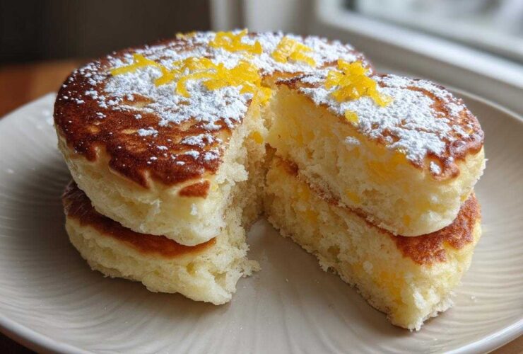 A stack of two fluffy Gluten-Free Buttermilk Pancakes, cut open to show the texture, dusted with powdered sugar and lemon zest.
