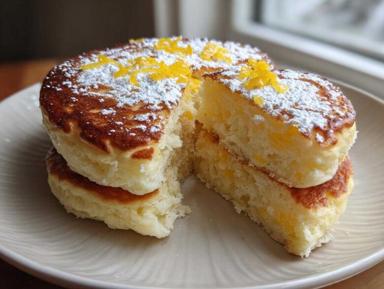 A stack of two fluffy Gluten-Free Buttermilk Pancakes, cut open to show the texture, dusted with powdered sugar and lemon zest.