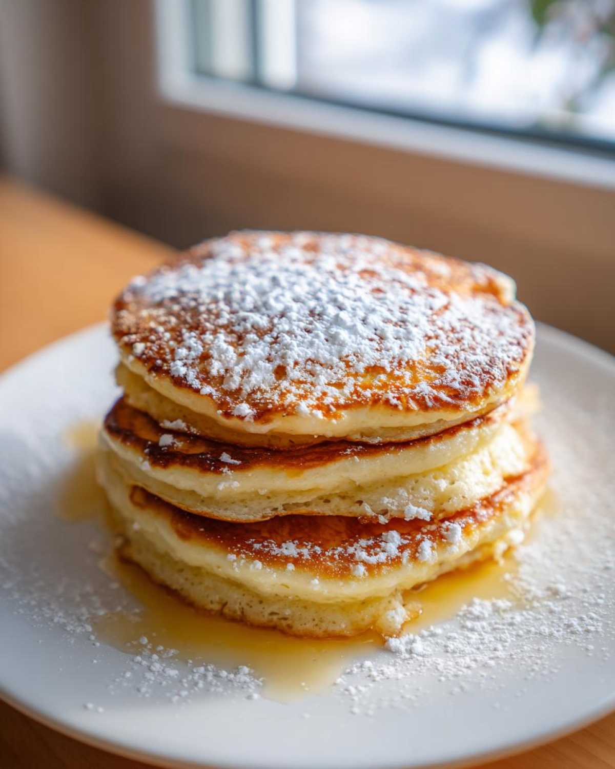 A tall stack of four Fluffy Lemon Ricotta Pancakes drizzled with syrup and dusted heavily with powdered sugar.
