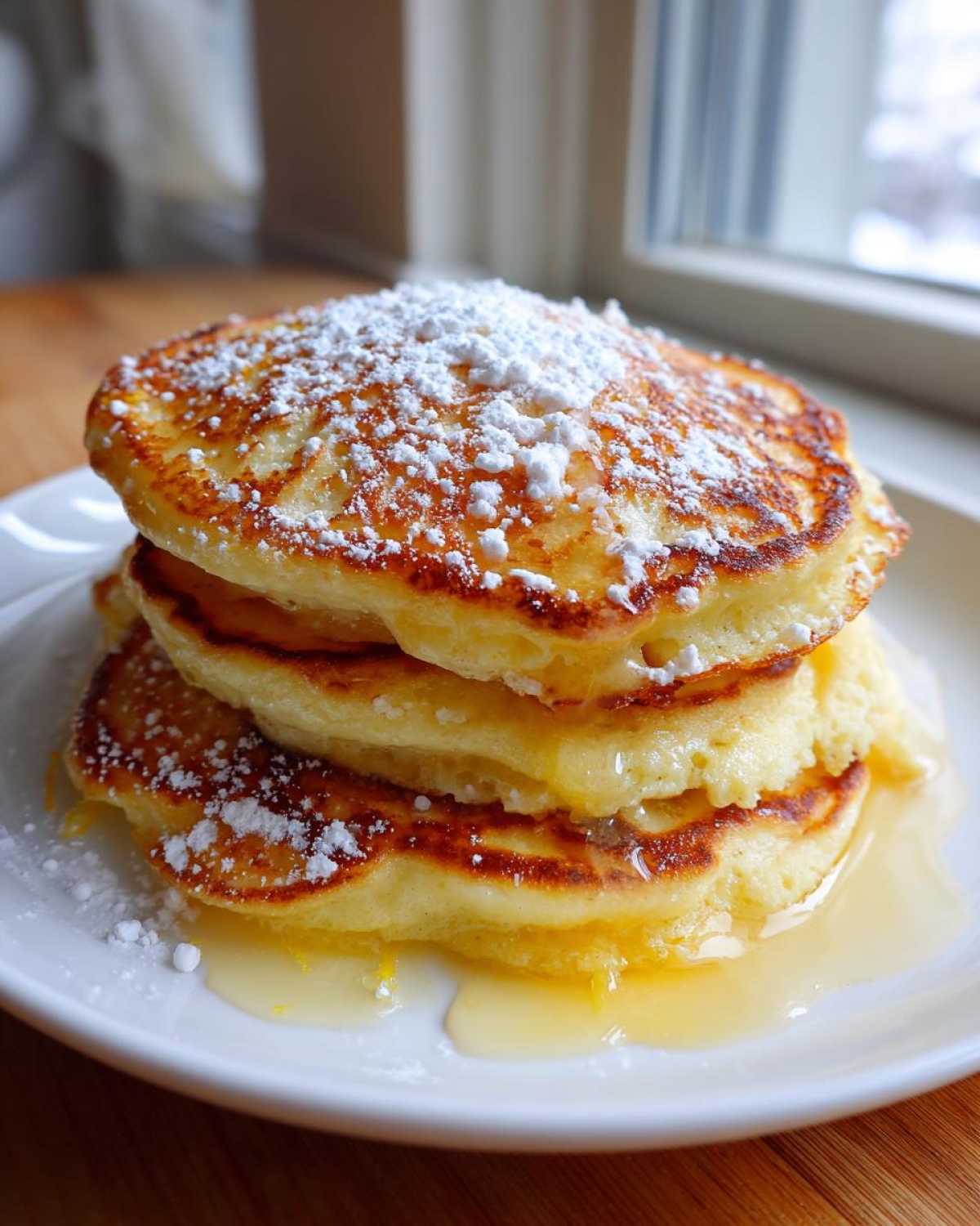 A tall stack of three Fluffy Lemon Ricotta Pancakes dusted heavily with powdered sugar and drizzled with syrup.