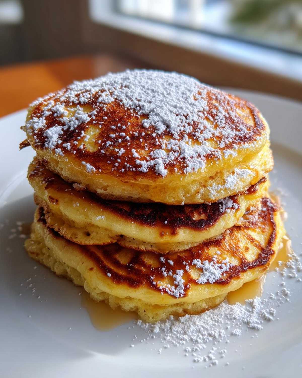A tall stack of three Fluffy Lemon Ricotta Pancakes dusted heavily with powdered sugar, sitting on a white plate with syrup.