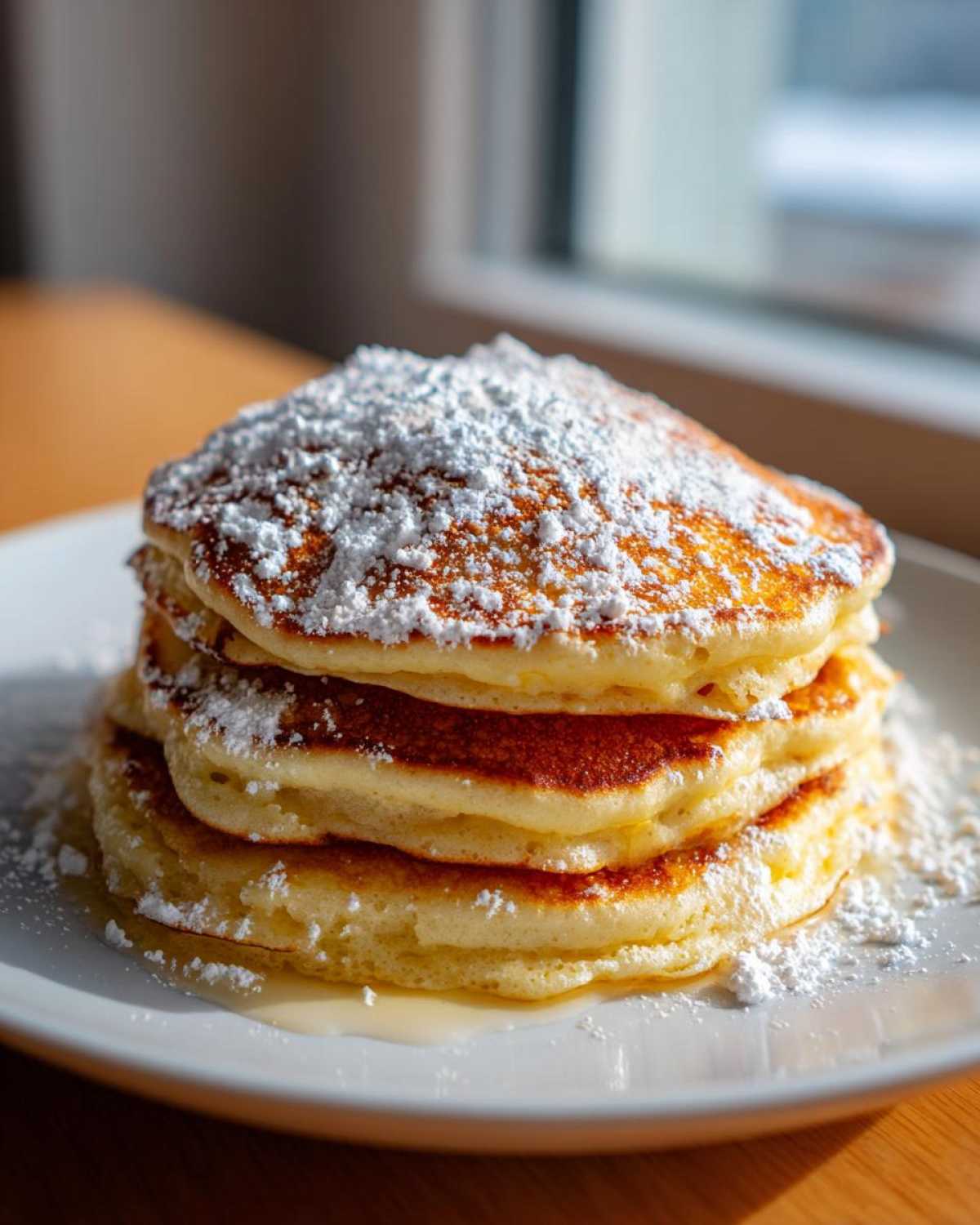 A tall stack of Fluffy Lemon Ricotta Pancakes dusted heavily with powdered sugar, sitting on a white plate.