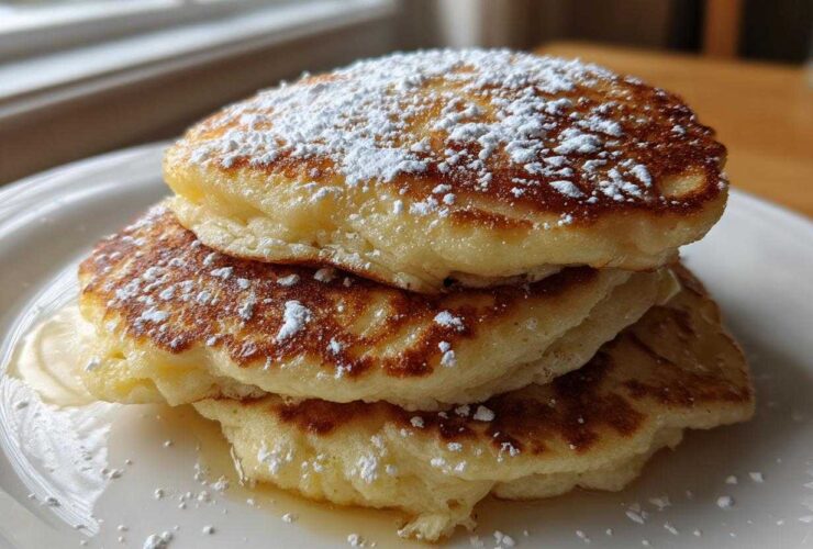 A tall stack of three Fluffy Lemon Ricotta Pancakes dusted heavily with powdered sugar on a white plate.