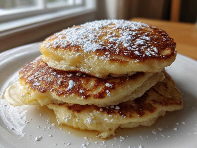 A tall stack of three Fluffy Lemon Ricotta Pancakes dusted heavily with powdered sugar on a white plate.