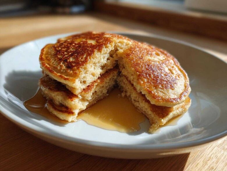 A stack of fluffy Vegan Banana Oat Pancakes cut in half, drizzled with maple syrup on a white plate.
