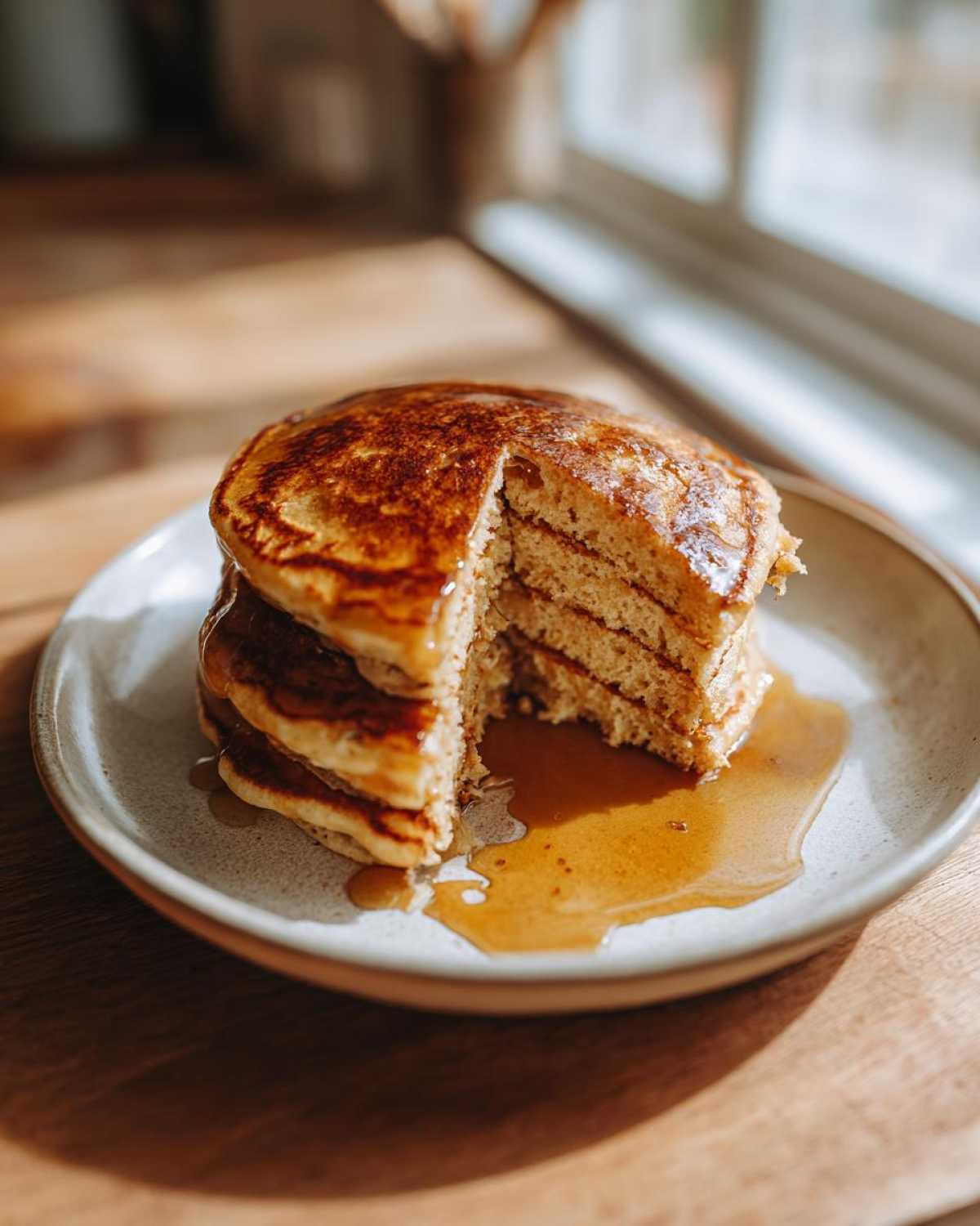 A stack of fluffy Vegan Banana Oat Pancakes, cut to show the interior texture, drizzled with maple syrup.