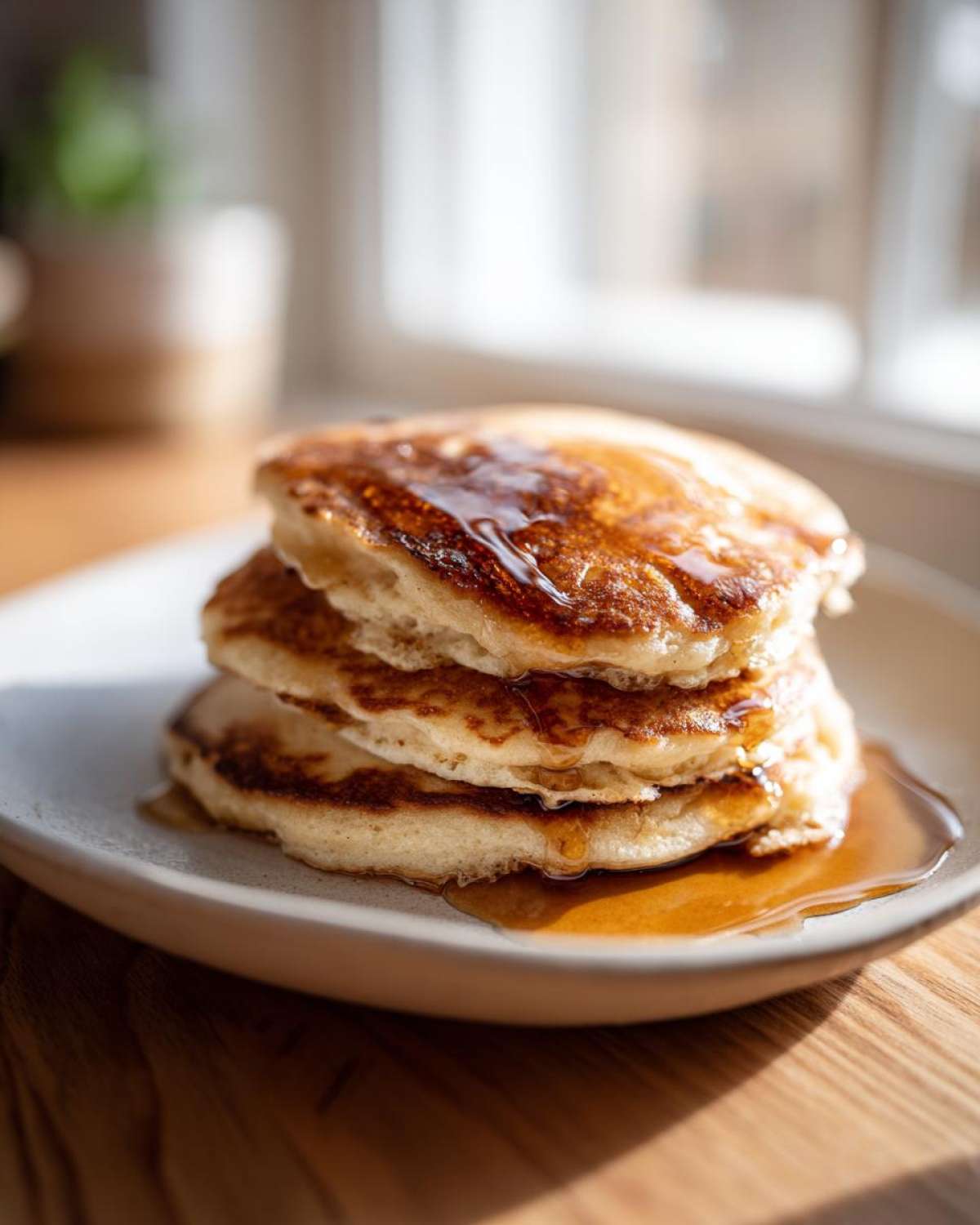 A stack of three fluffy Vegan Banana Oat Pancakes drizzled generously with maple syrup.
