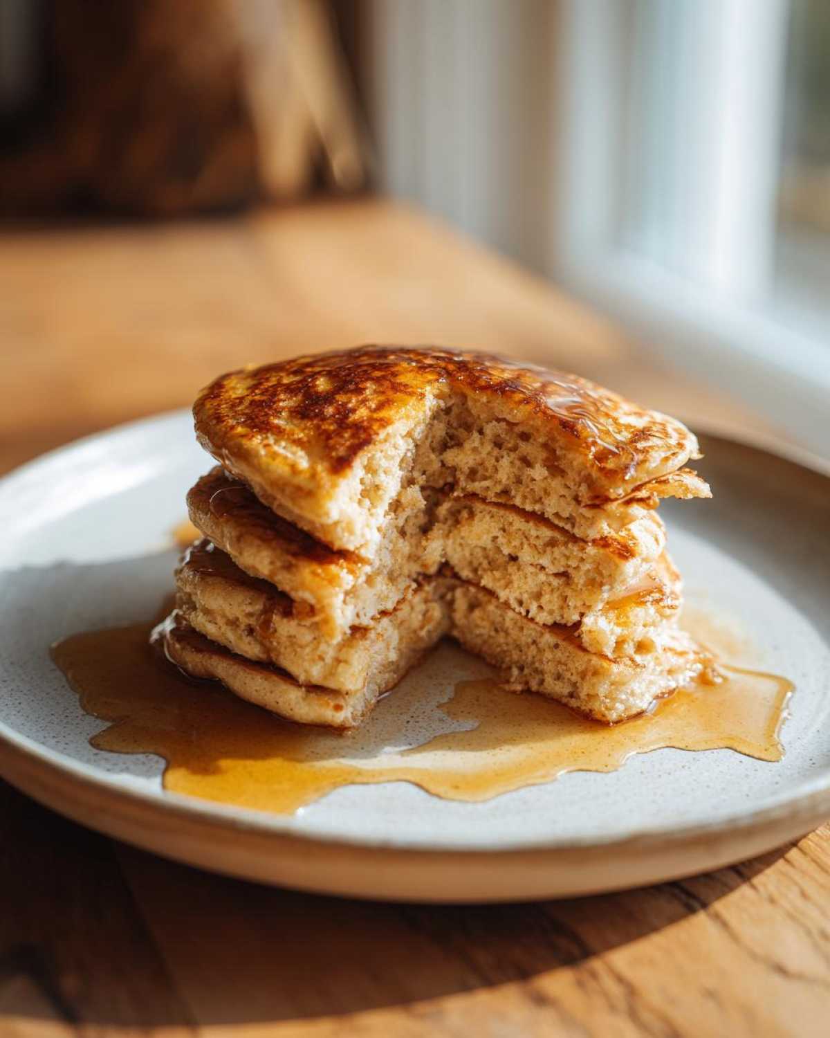 A stack of fluffy Vegan Banana Oat Pancakes cut open to show the texture, drizzled generously with maple syrup.