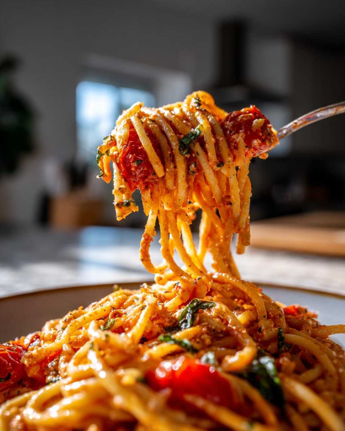 A fork lifting a generous portion of creamy Baked Feta Pasta with Cherry Tomatoes, coated in a rich, orange sauce.