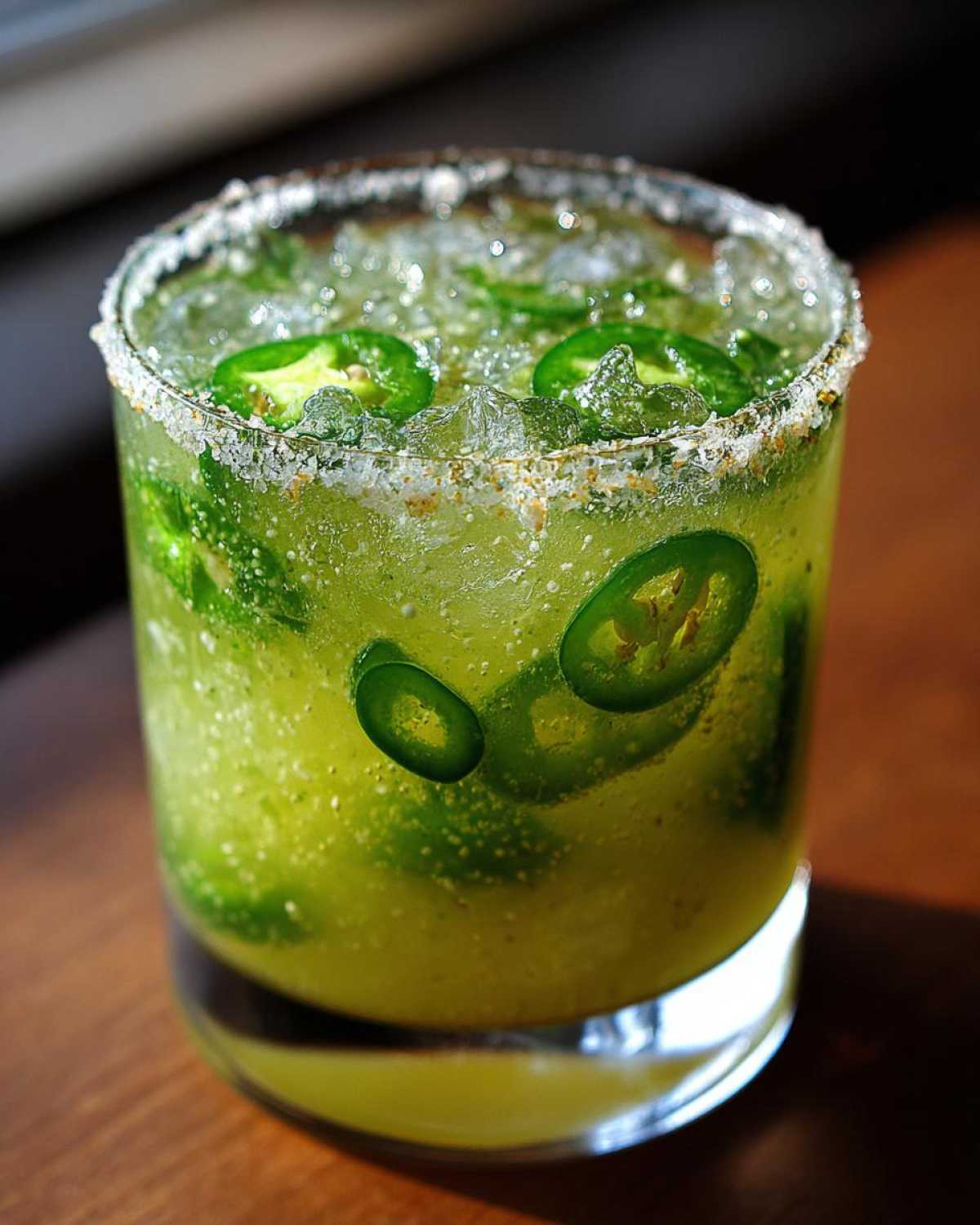 A vibrant green Fresh Jalapeño Lime Margarita served over crushed ice with slices of jalapeño and a salt rim.