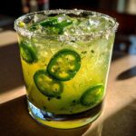 Close-up of a bright green Fresh Jalapeño Lime Margarita in a salt-rimmed glass filled with ice and jalapeño slices.