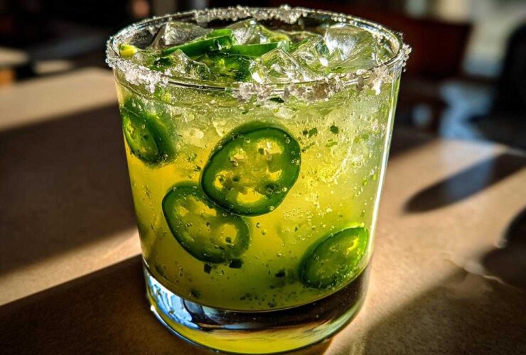 Close-up of a bright green Fresh Jalapeño Lime Margarita in a salt-rimmed glass filled with ice and jalapeño slices.