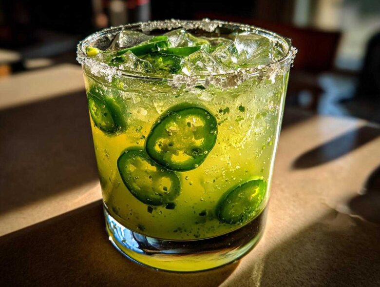 Close-up of a bright green Fresh Jalapeño Lime Margarita in a salt-rimmed glass filled with ice and jalapeño slices.