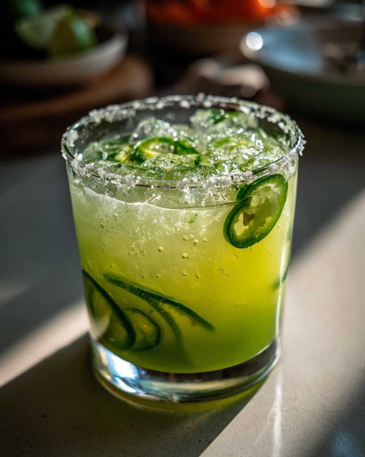 A vibrant green Fresh Jalapeño Lime Margarita served over ice with a salt rim and garnished with jalapeño slices.