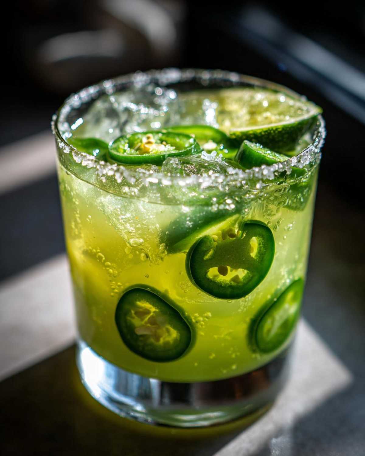 A vibrant glass of Fresh Jalapeño Lime Margarita, garnished with lime and sliced jalapeños, featuring a salted rim.