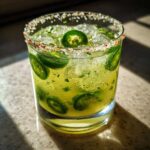 A glass filled with a bubbly Fresh Jalapeño Lime Margarita, ice, and sliced jalapeños, featuring a chili-salt rim.