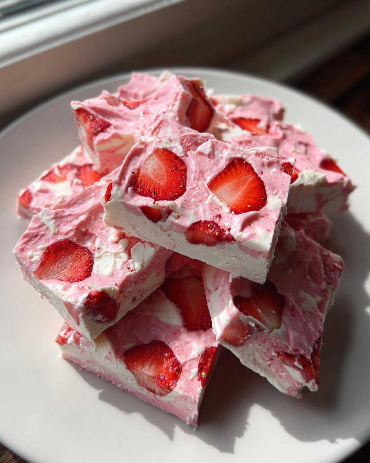 Stack of cut pieces of Frozen Strawberry Yogurt Bark featuring swirls of pink and white yogurt with visible strawberry slices.