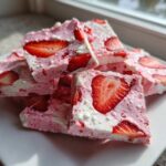 Close-up of stacked pieces of Frozen Strawberry Yogurt Bark featuring visible slices of fresh strawberries.