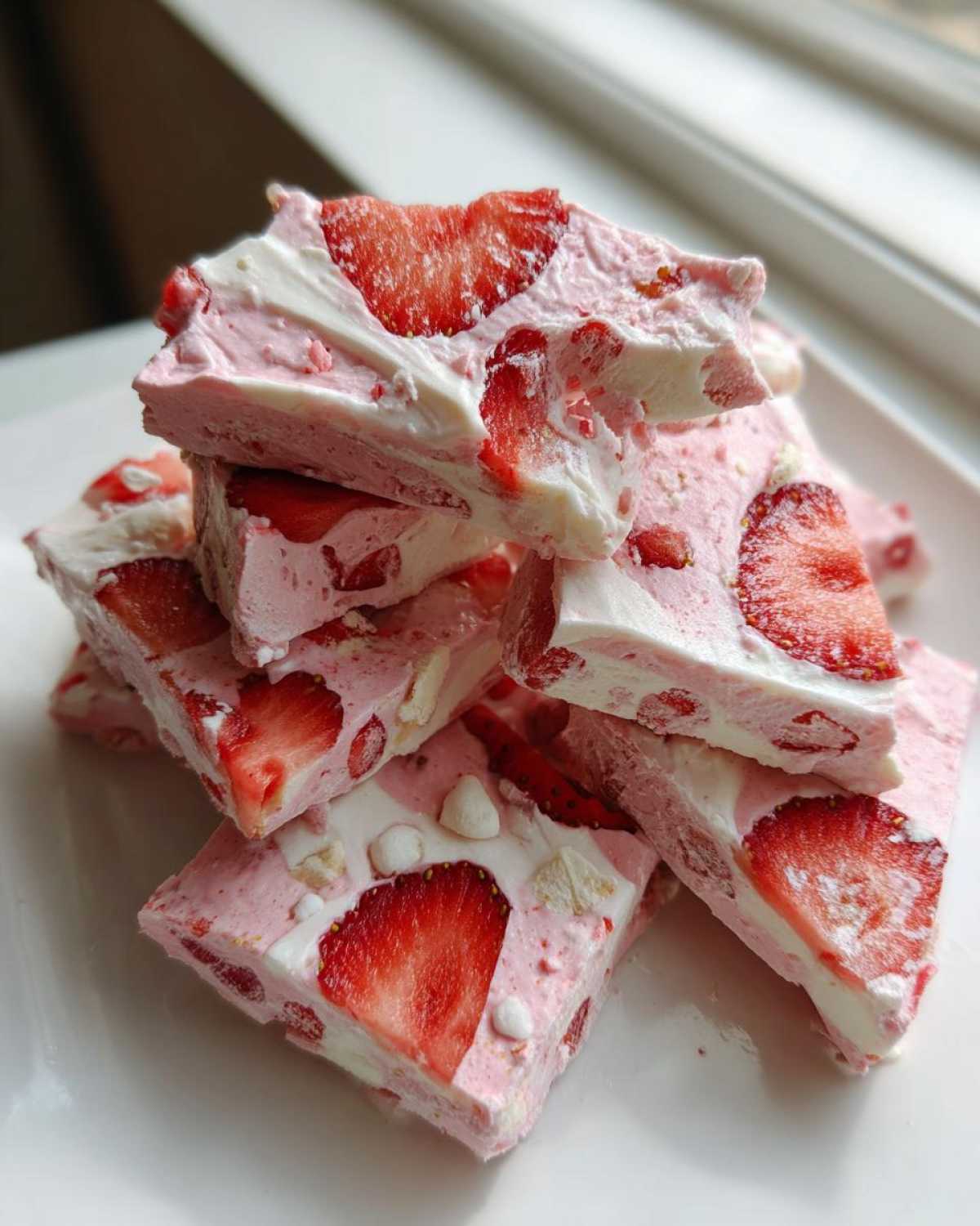 A stack of bright pink and white squares of Frozen Strawberry Yogurt Bark studded with sliced strawberries.