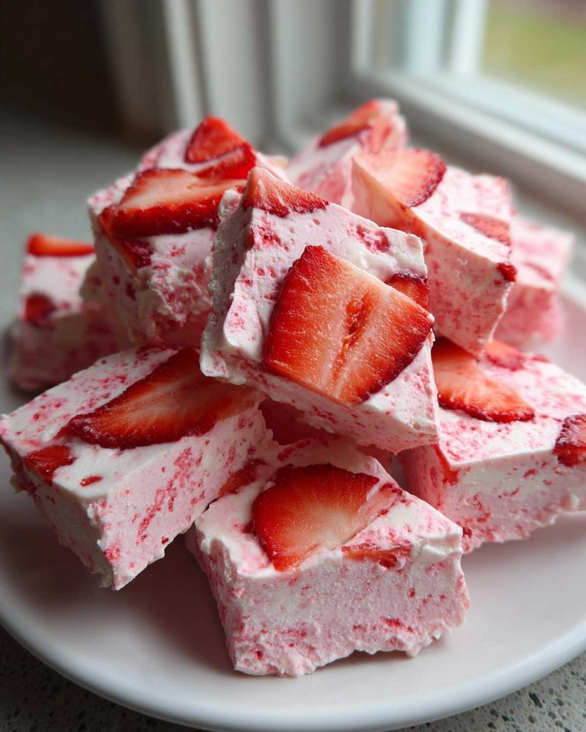 Close-up of stacked, square pieces of Frozen Strawberry Yogurt Bark studded with fresh strawberry slices.