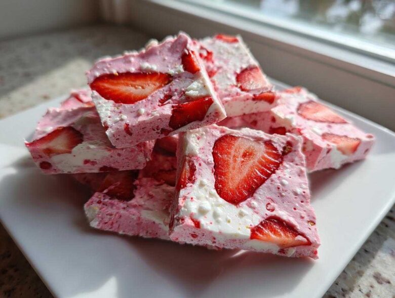 Close-up of stacked pieces of Frozen Strawberry Yogurt Bark featuring visible slices of fresh strawberries.