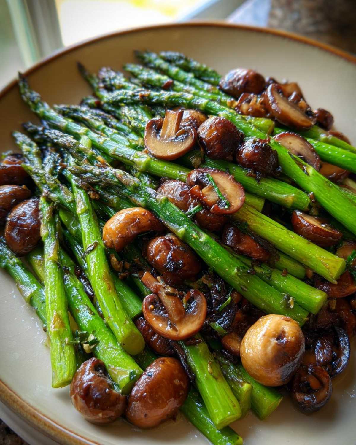 A close-up of bright green asparagus spears mixed with browned mushrooms, coated in garlic butter.