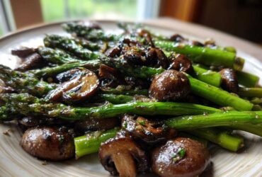 A plate of vibrant green asparagus spears mixed with glossy brown roasted mushrooms, coated in garlic butter.