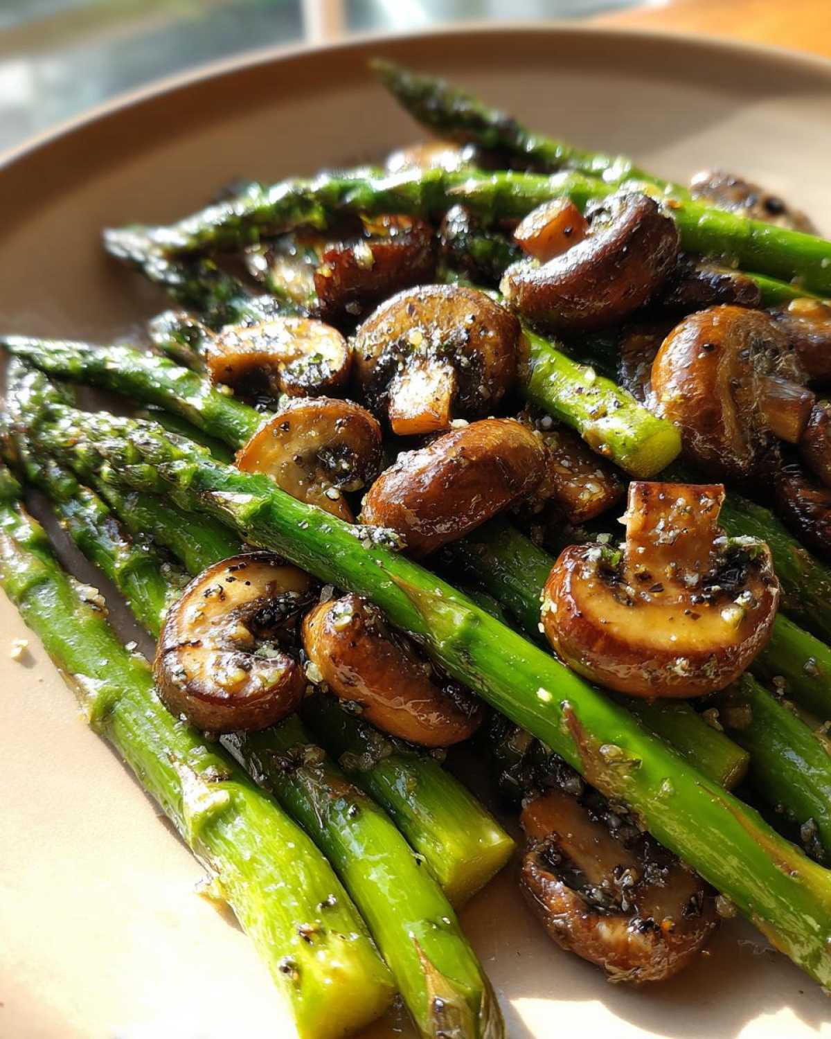 Close-up of vibrant green asparagus spears mixed with browned mushrooms, coated in garlic butter and pepper.