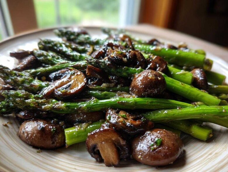 A plate of vibrant green asparagus spears mixed with glossy brown roasted mushrooms, coated in garlic butter.