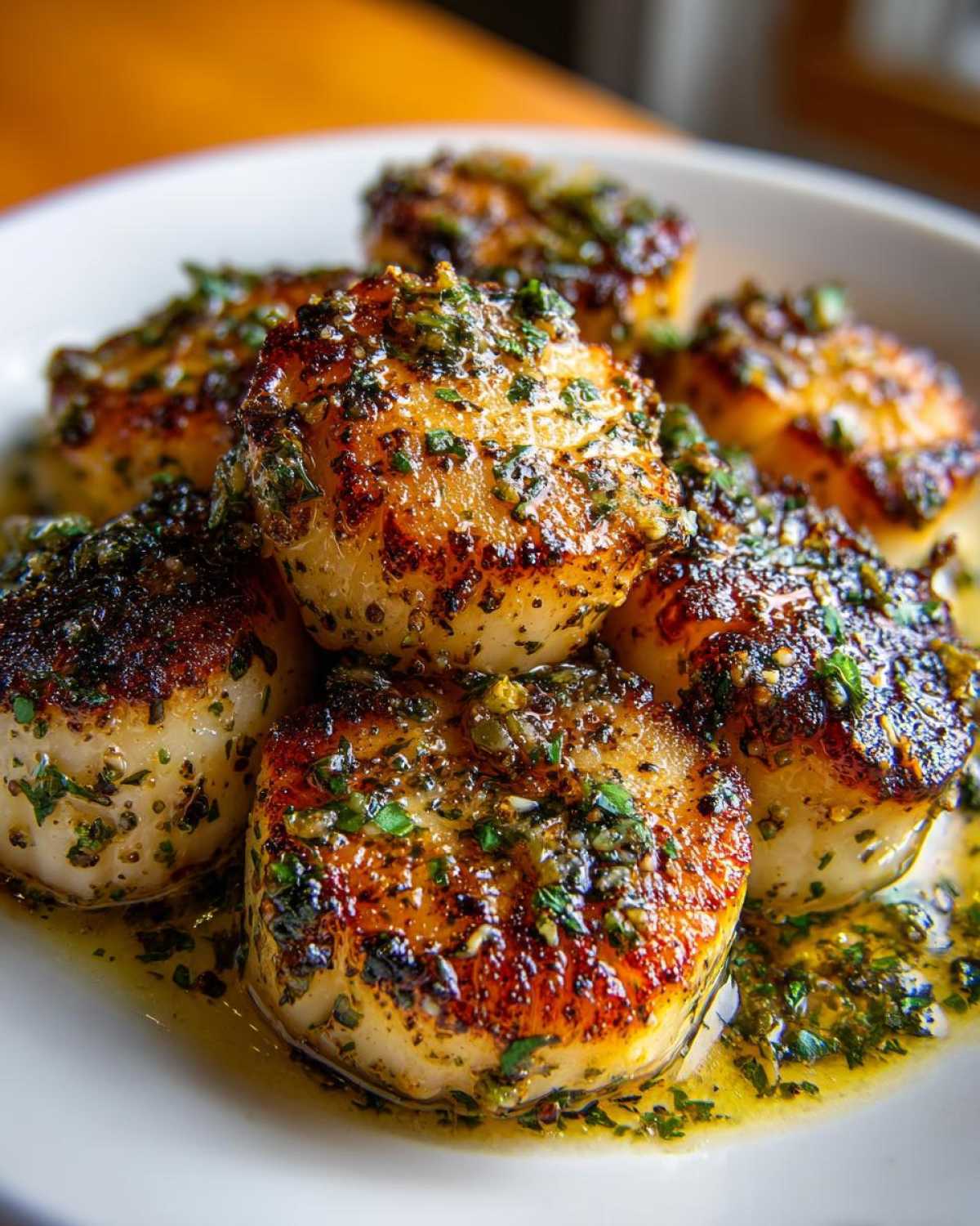 Close-up of beautifully seared Garlic Butter Scallops with Lemon, glistening in butter sauce and herbs.