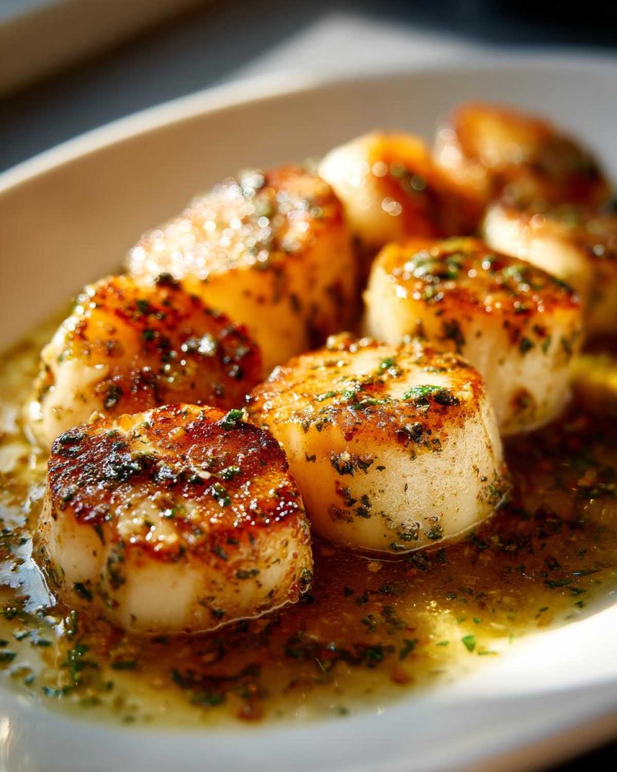 Close-up of perfectly seared Garlic Butter Scallops with Lemon sauce and herbs in a white dish.